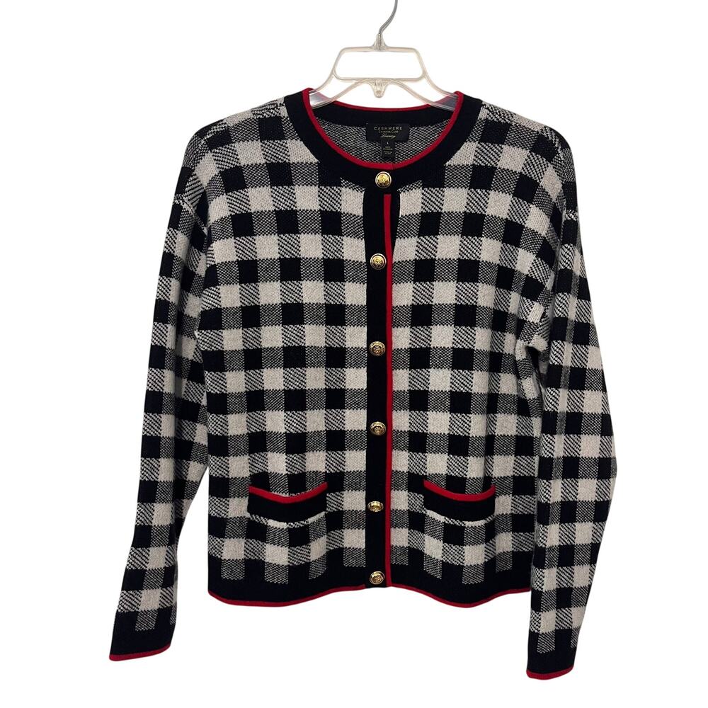 Charter Club Cashmere Cardigan Womens Large Gingham Plaid Gold Button Luxury